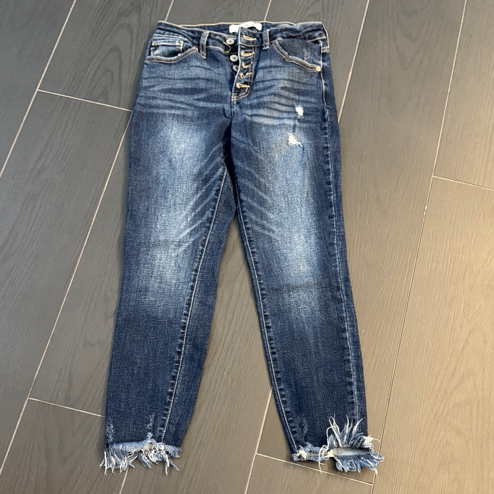 KanCan Dark Blue Button-Front Distressed Ankle Jeans